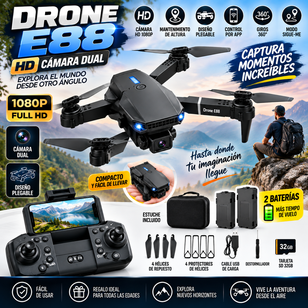 Drone E88 pro max plegable +2 baterias